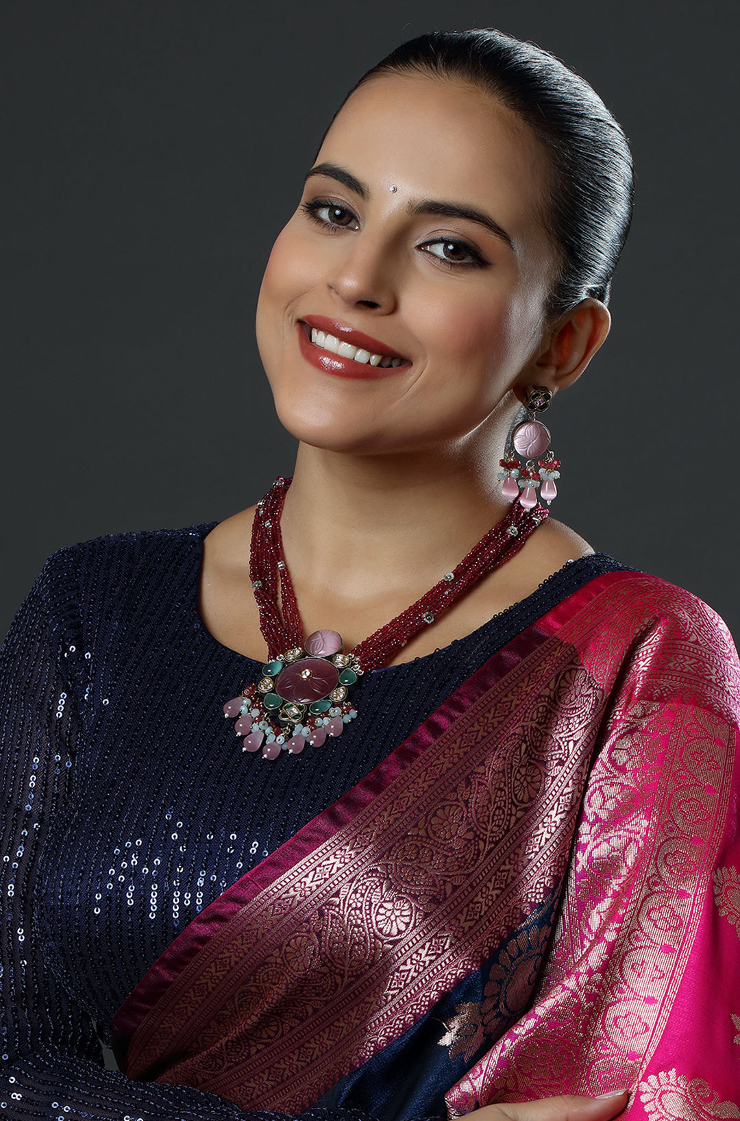 Gold Finish Natural Carved Stone Meenakari & Polki Necklace