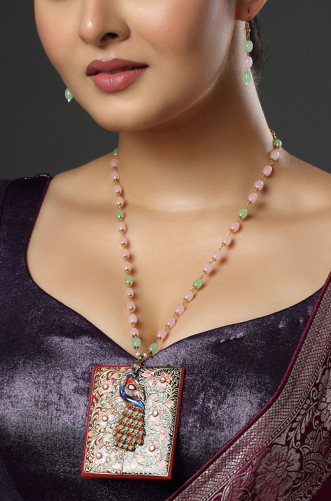 Vintage Gold Tone Enamel Peacock Bird Large Pendant Necklace