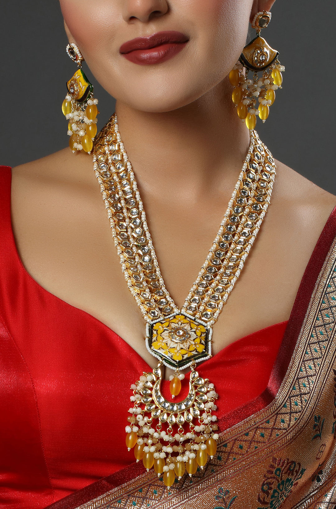 Jadau & Meenakari Work with Polki Bead Layered Necklace