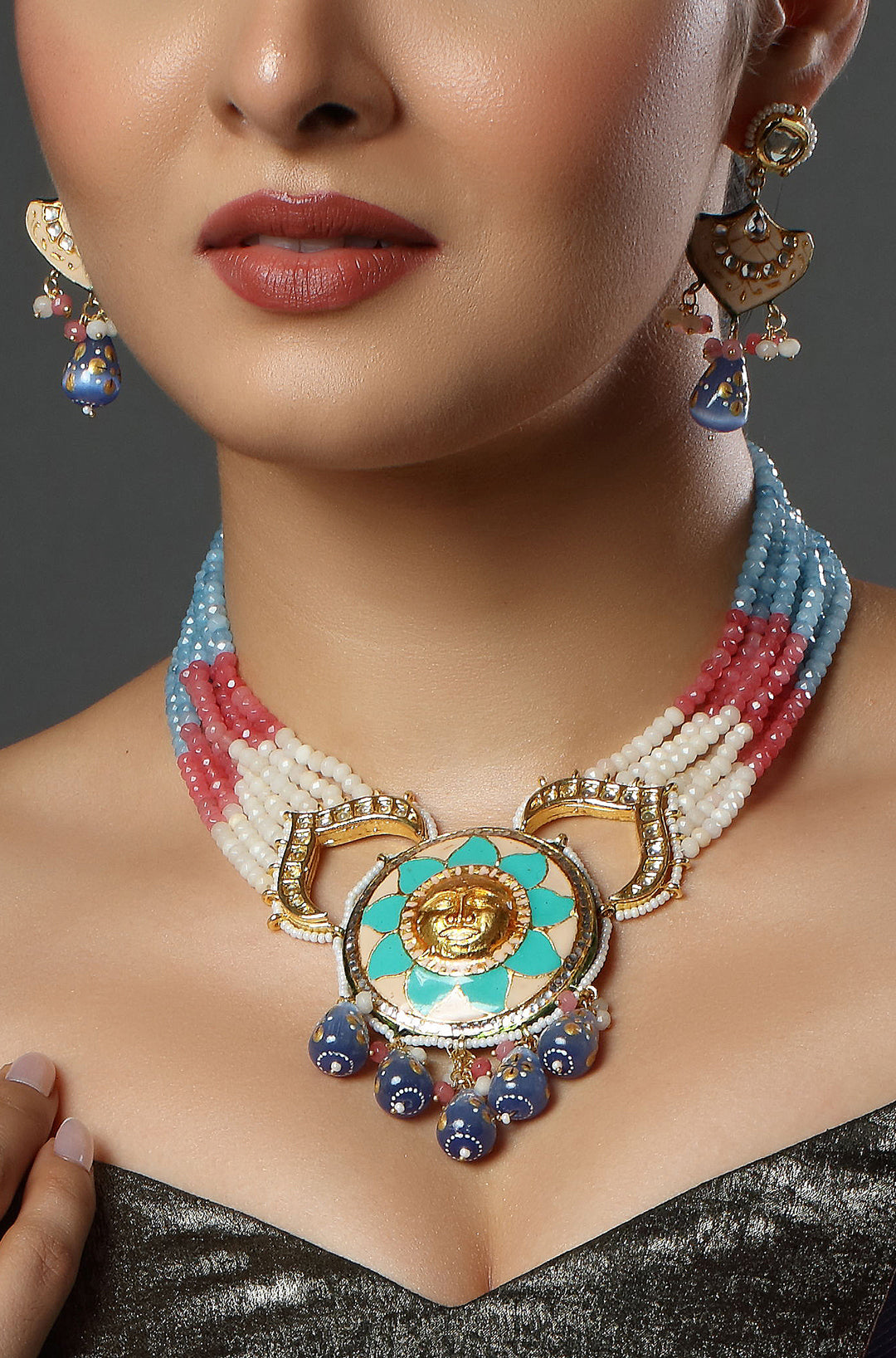 Silver Moissanite Coral Pearls Gold Finish Kundan Polki & Multi-Colored Necklace