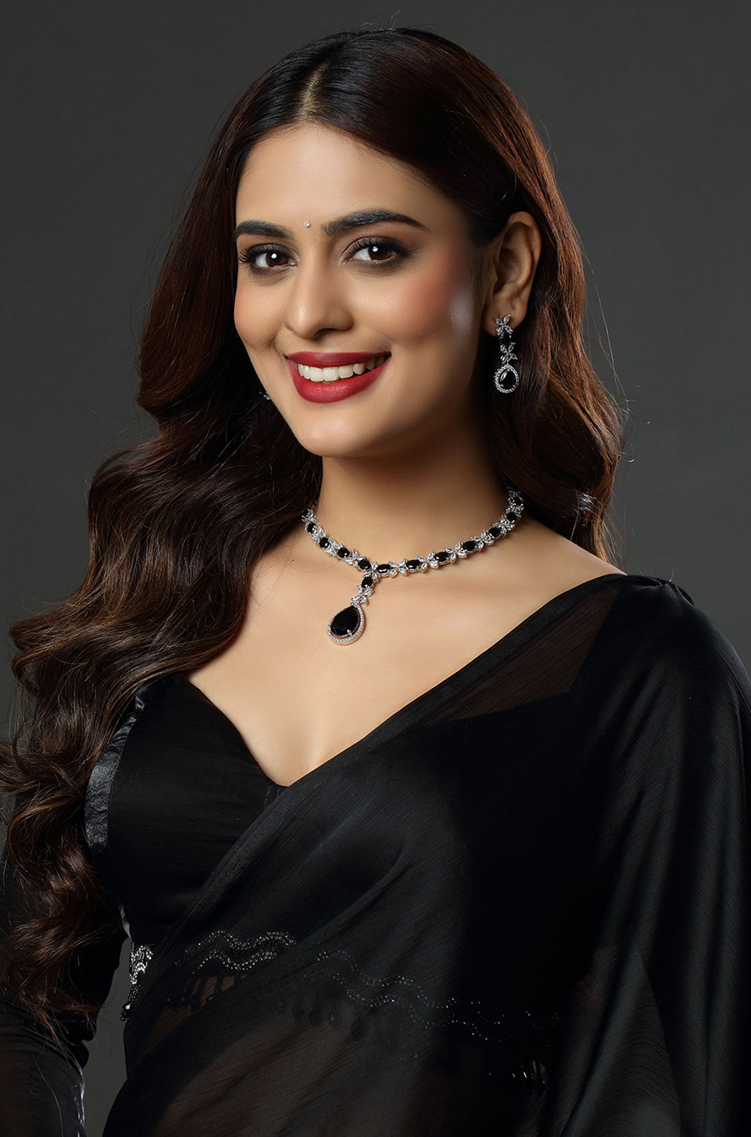 Elegant White Gold Finish Black Cubic Zirconia Necklace