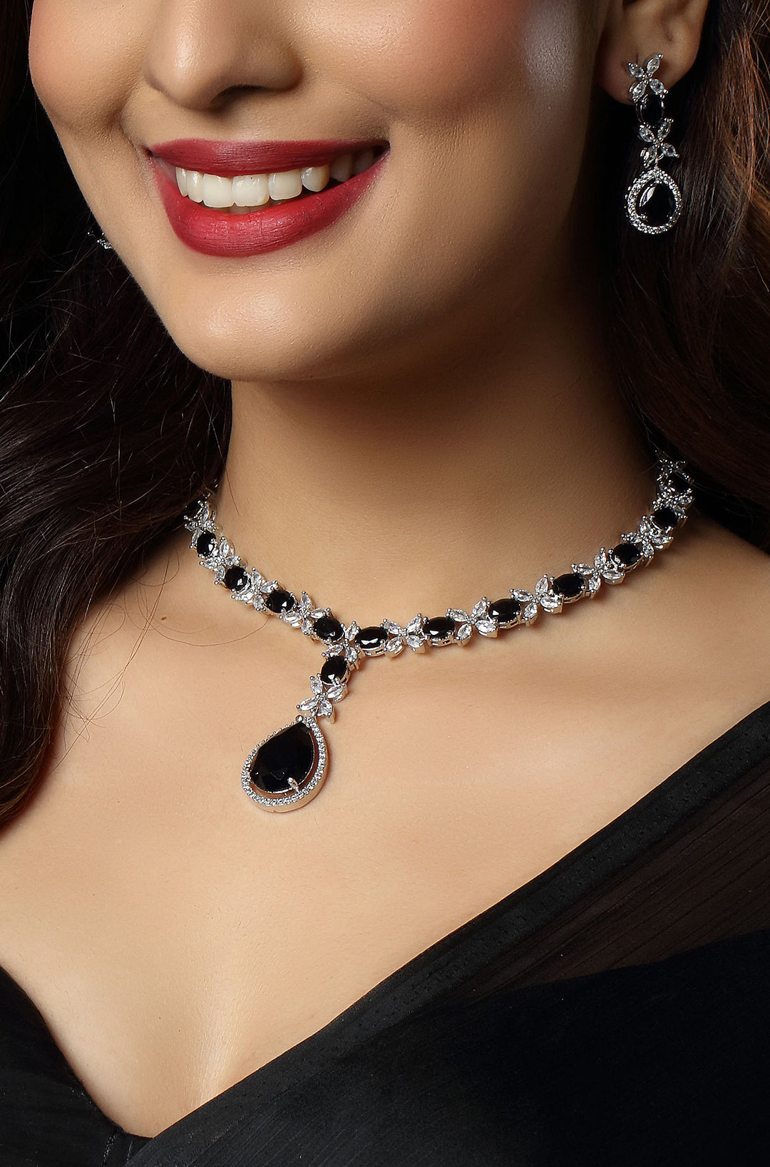 Elegant White Gold Finish Black Cubic Zirconia Necklace
