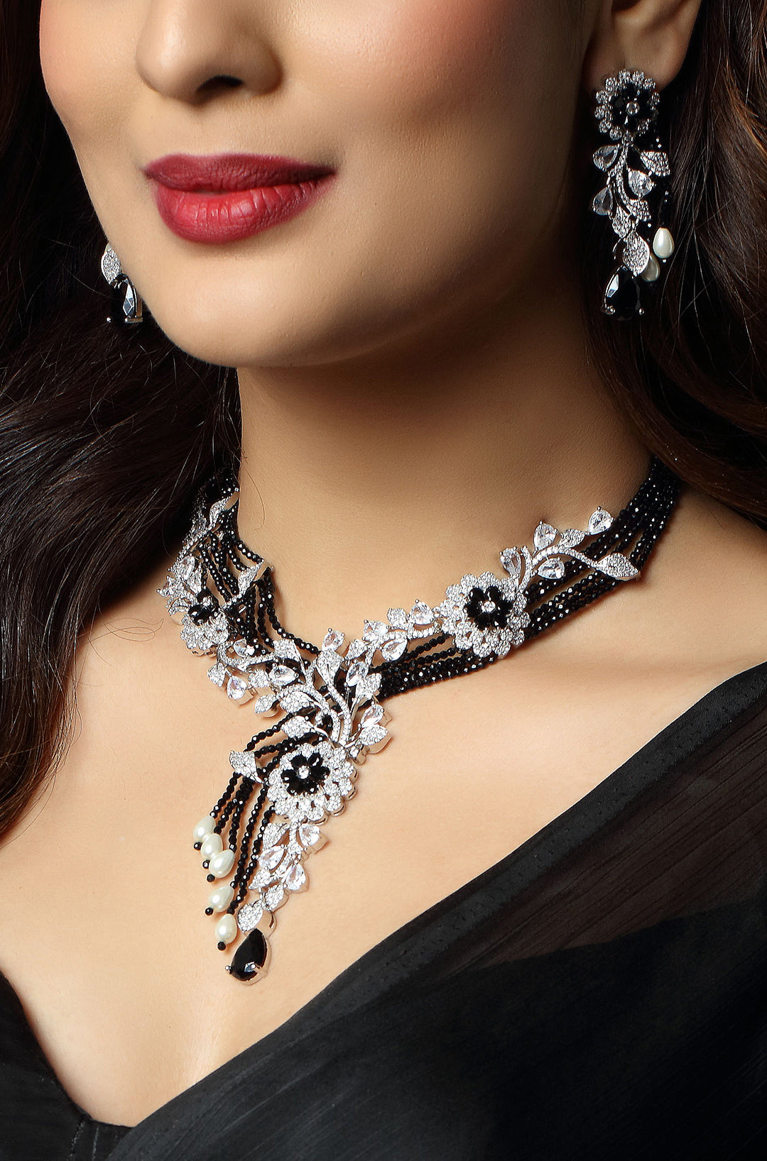 Silver-Tone CZ Sky Black-White Oval Stone Flower with Bead Layered Necklace