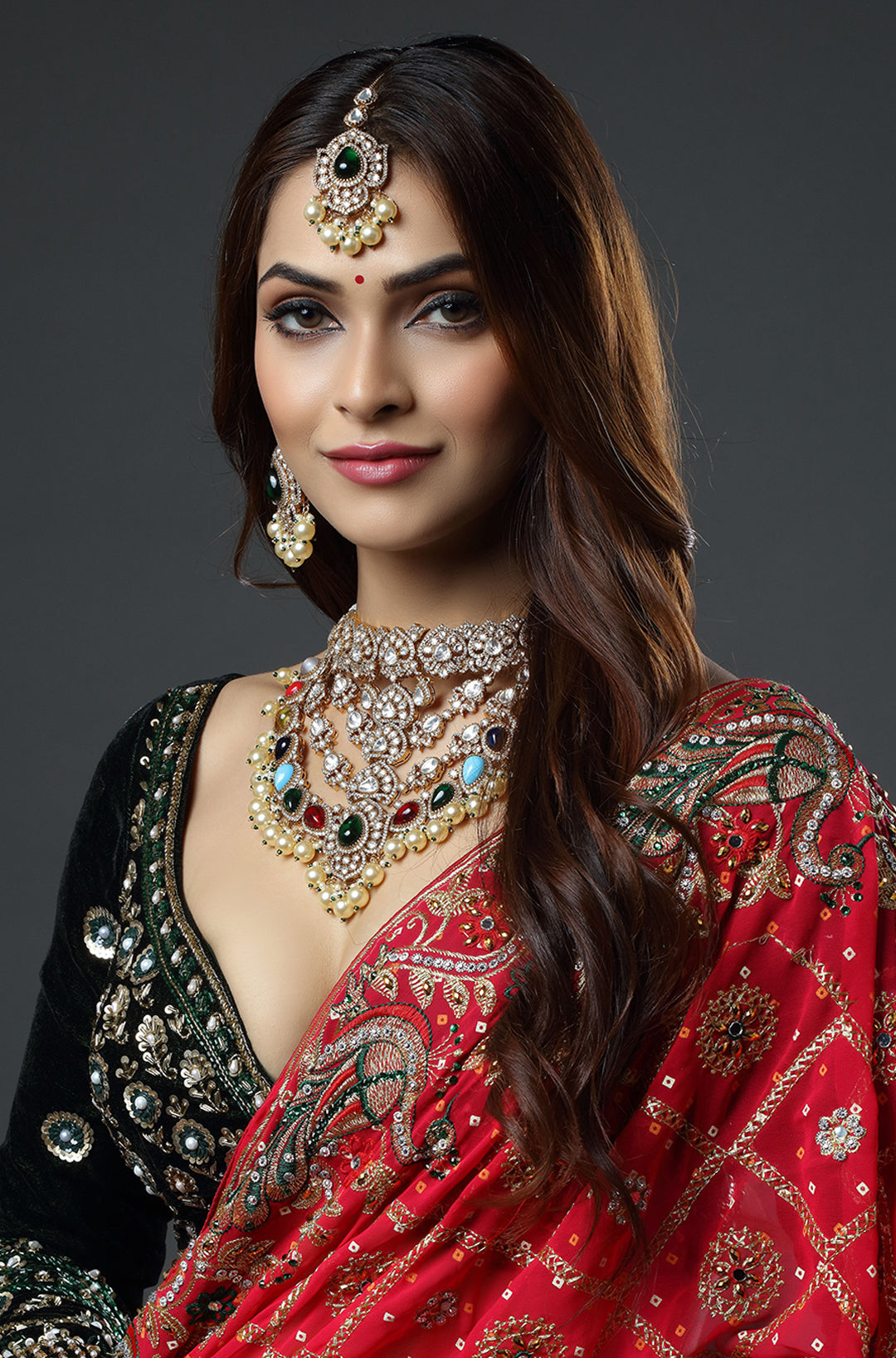 Jaipur Multi-Color Kundan & Pearl Polki Choker Necklace with Maang Tika