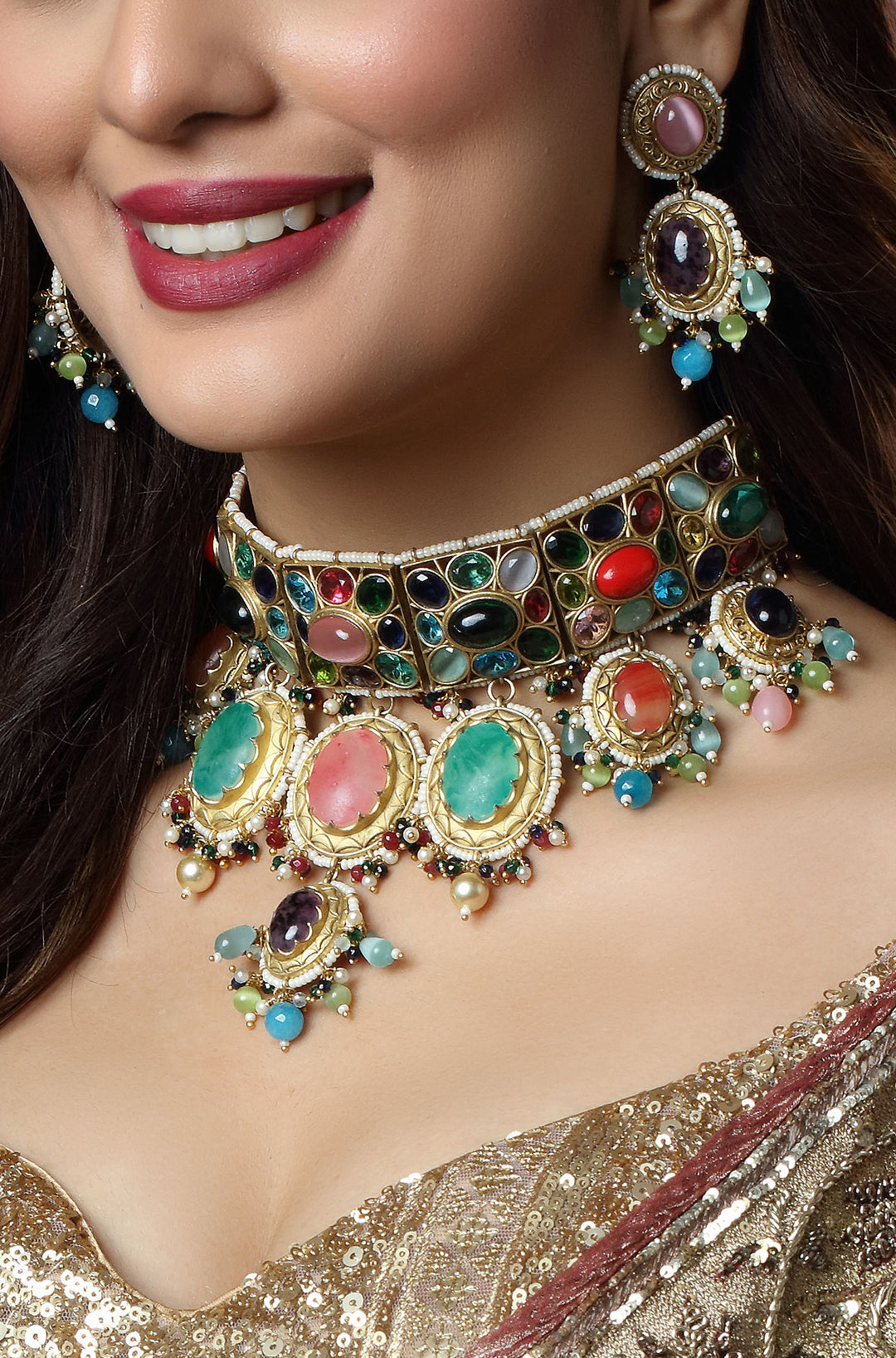 Multicolor Gold Plated Jadau Choker Necklace