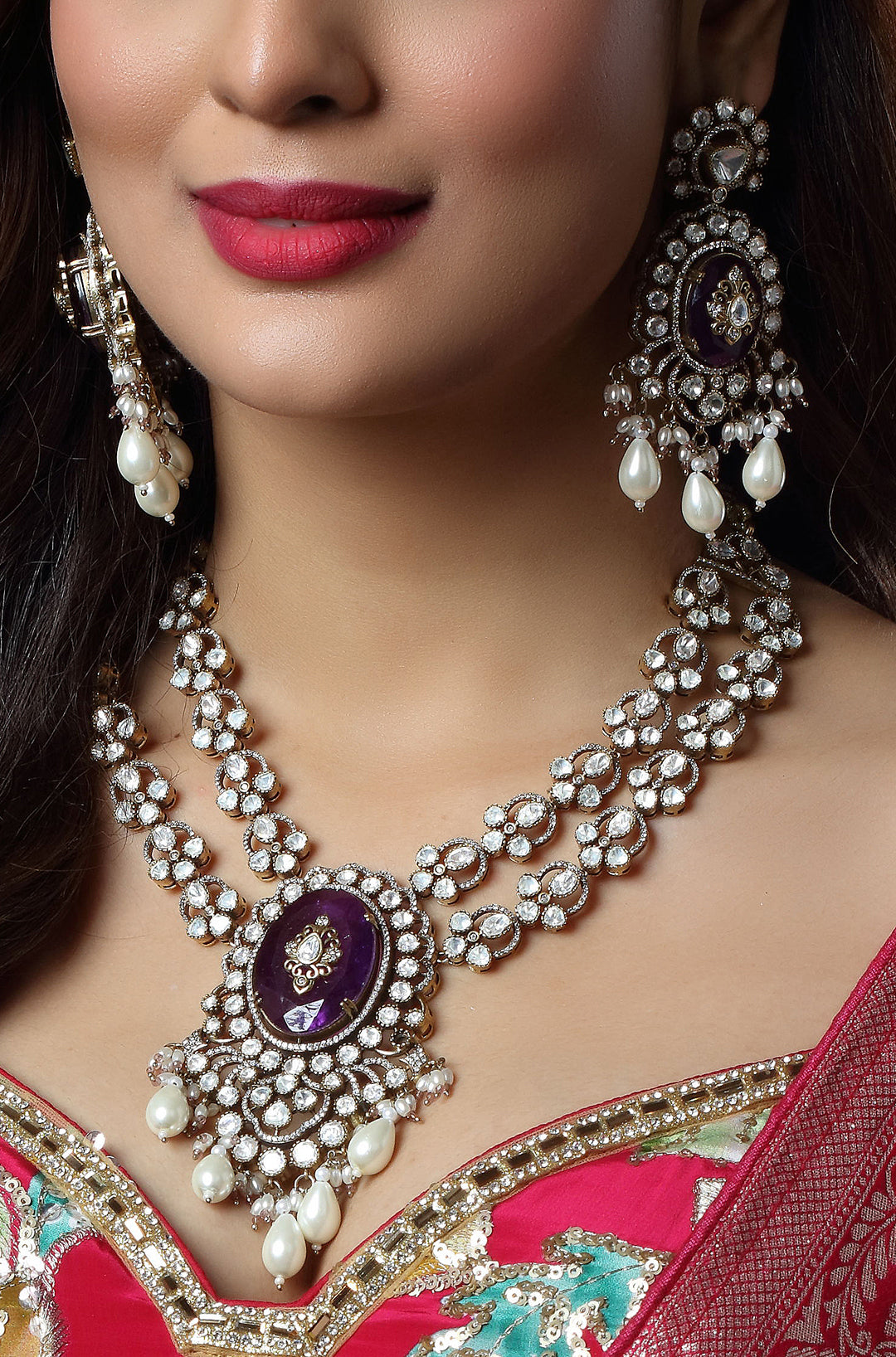 Purple Stone Victorian Kundan & Pearl Necklace