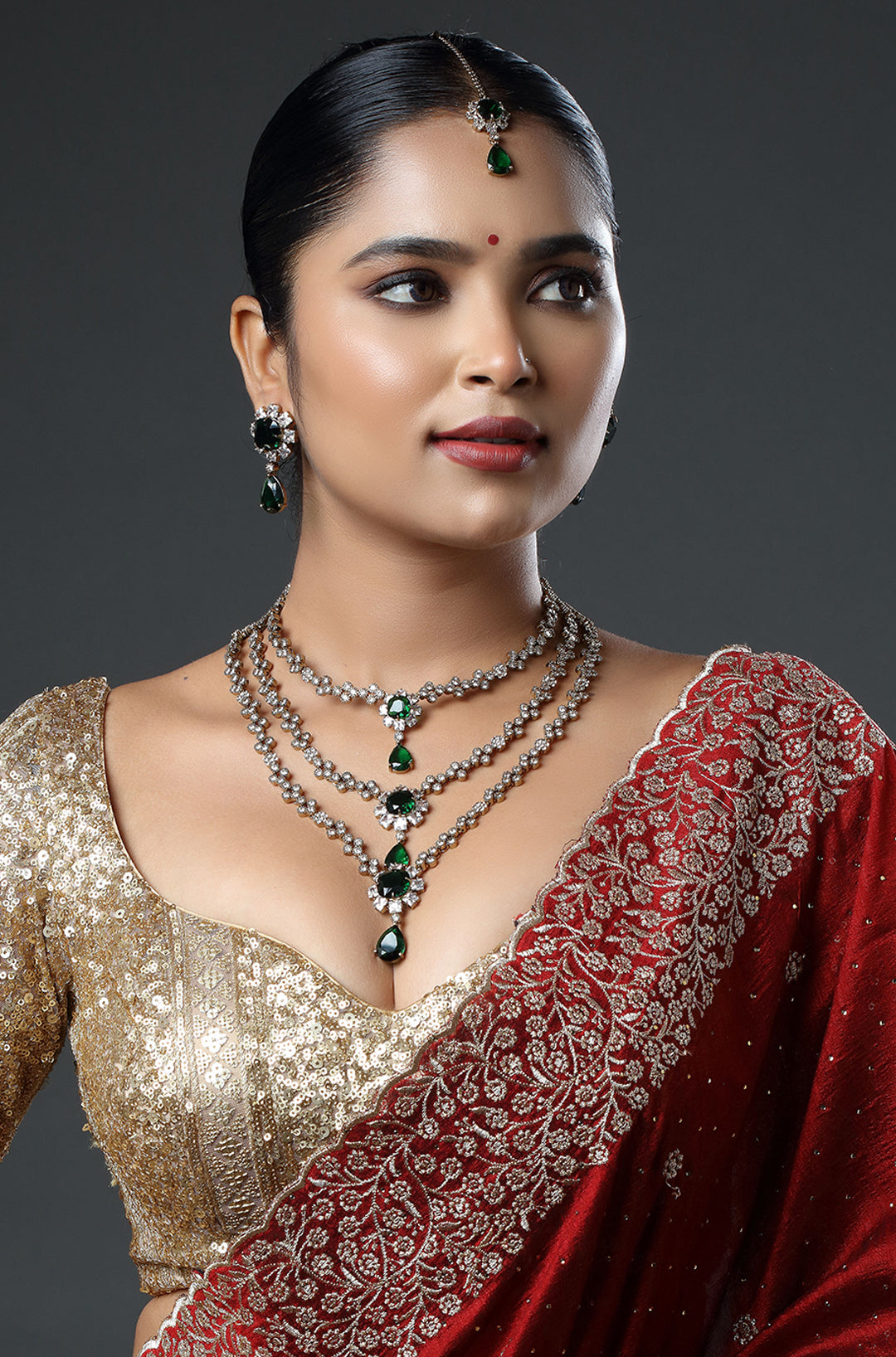 Two-Tone Finish Zircon & Emerald Long Necklace with Maang Tika