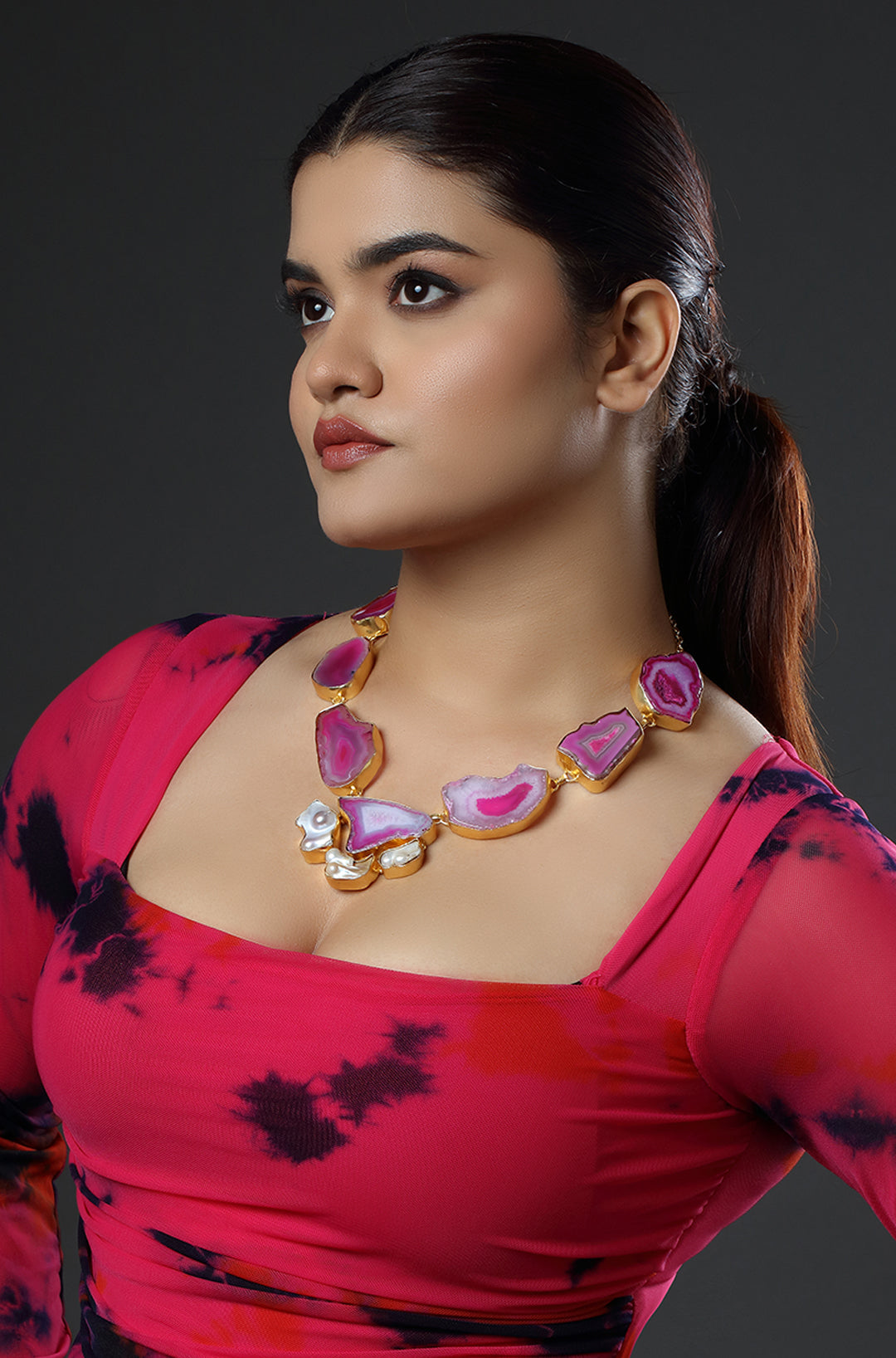 Pink Agate & White Stone Gold Plated Necklace