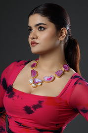 Pink Agate & White Stone Gold Plated Necklace