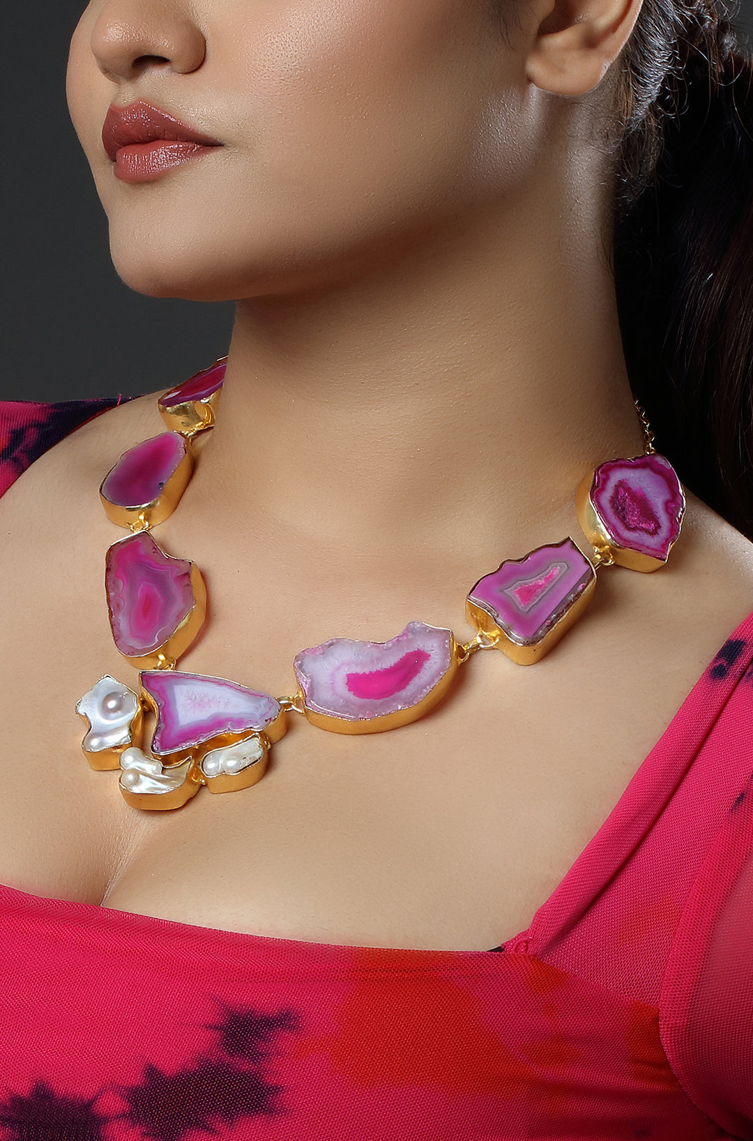 Pink Agate & White Stone Gold Plated Necklace