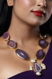 Purple Agate & White Stone Gold Plated Necklace