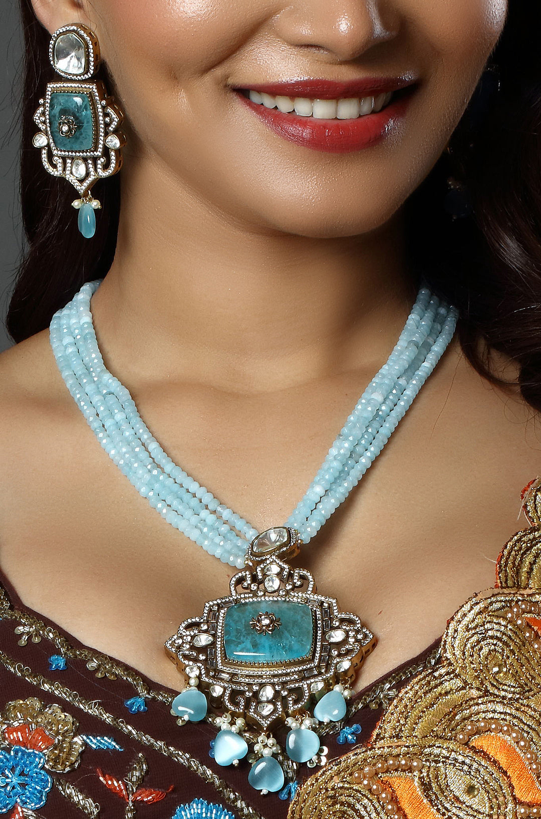 Beautiful Gold Tone CZ Apatite Multi Layer Designer Necklace