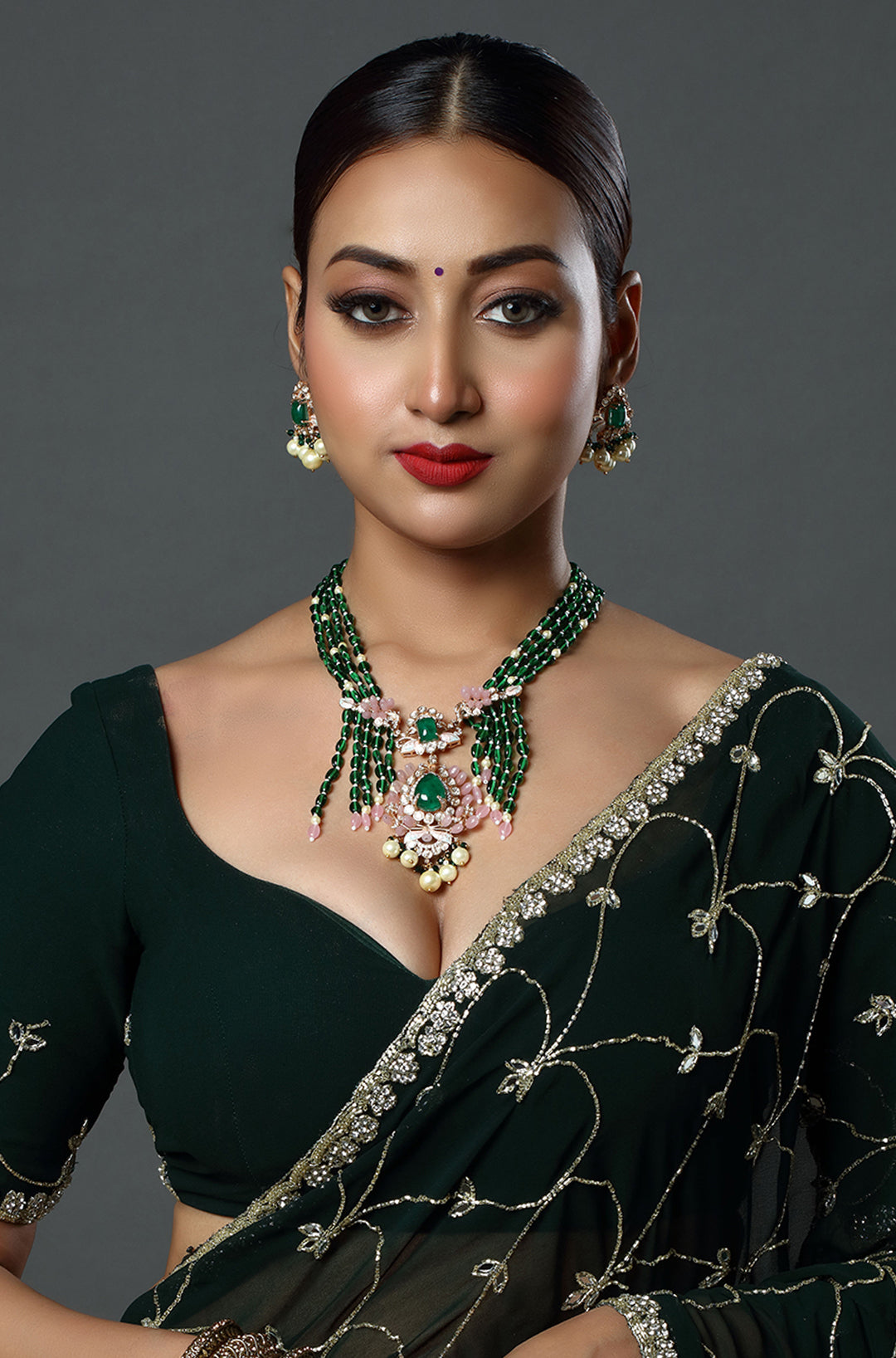 Emerald Beads Mala with Polki Pendant Necklace