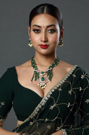 Emerald Beads Mala with Polki Pendant Necklace