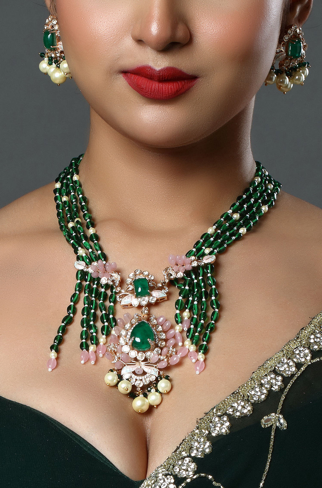 Emerald Beads Mala with Polki Pendant Necklace