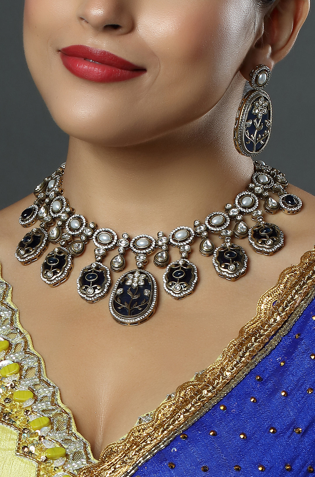 Oxidized Meenakari Silver Plated Pearl Studded Necklace