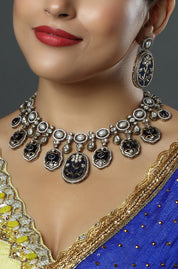 Oxidized Meenakari Silver Plated Pearl Studded Necklace