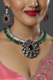 Silver Finish Red & Green Stone Necklace