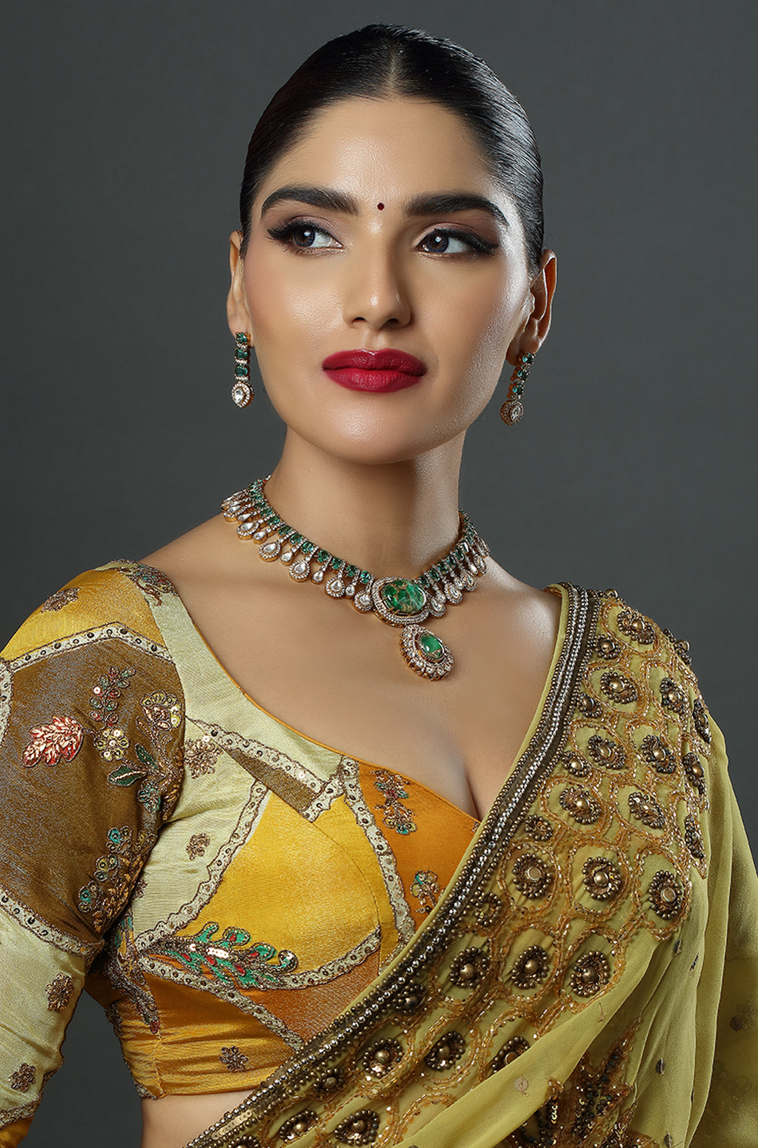 Gold Finish Kundan Polki & Green Stone Necklace