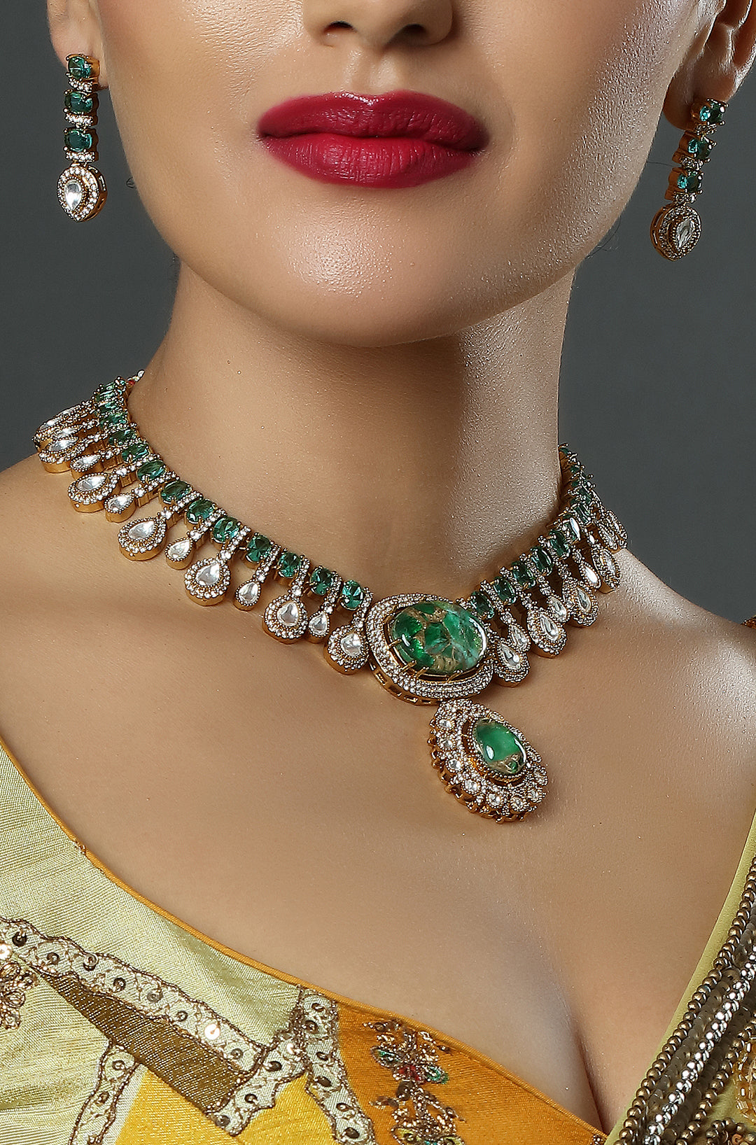 Gold Finish Kundan Polki & Green Stone Necklace