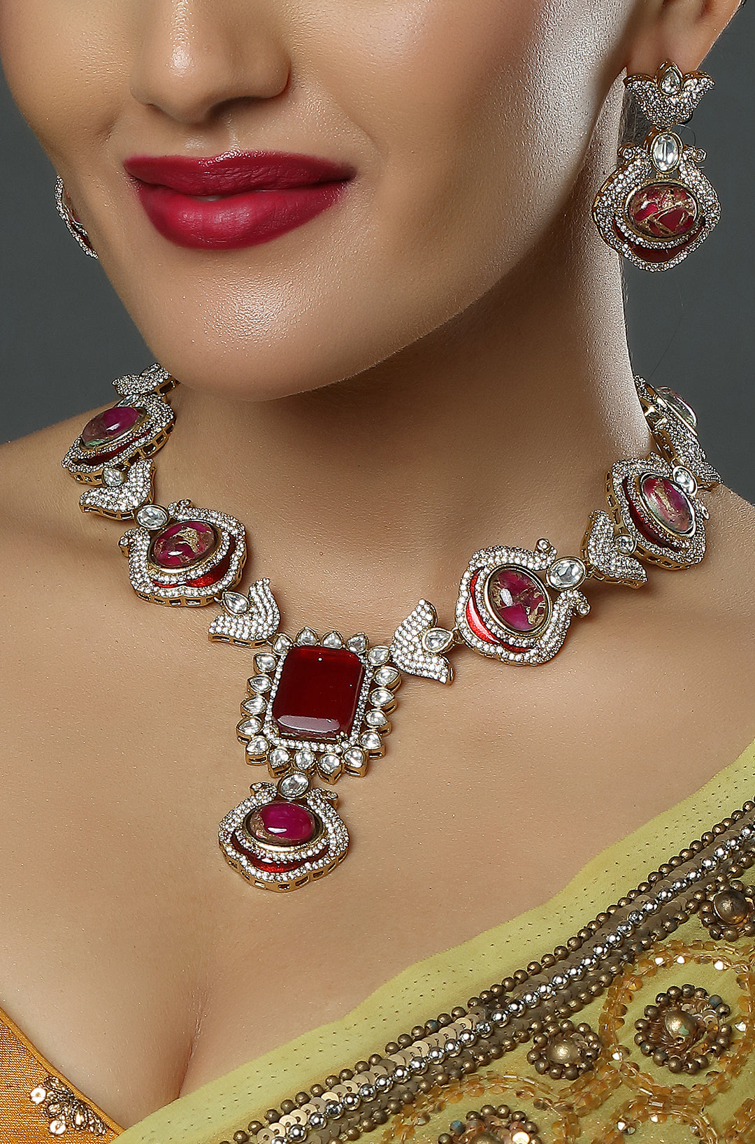 Ruby Red Sapphire CZ Diamond Statement Necklace