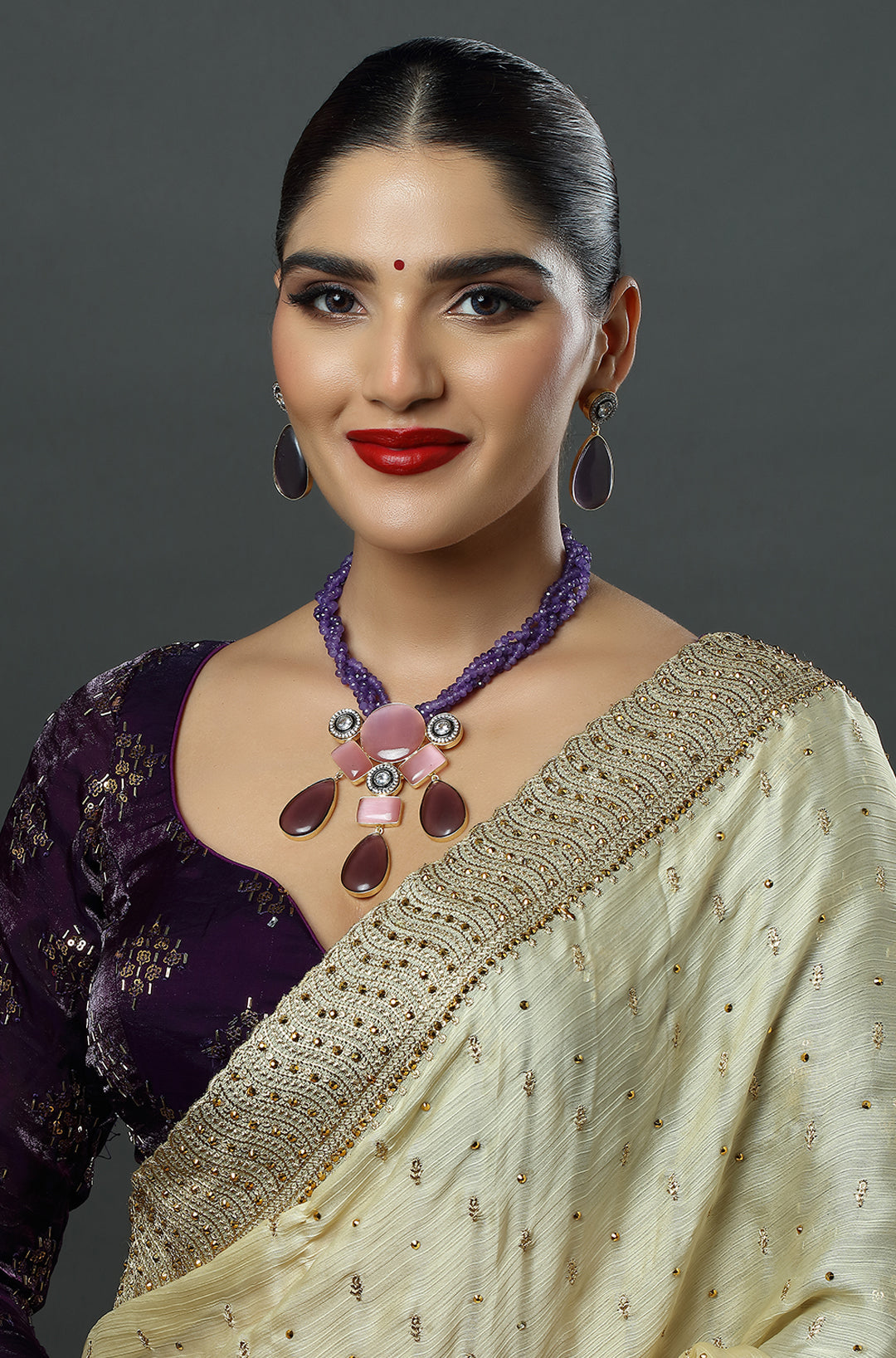 Purple Jade & Rose Pink Stone Necklace