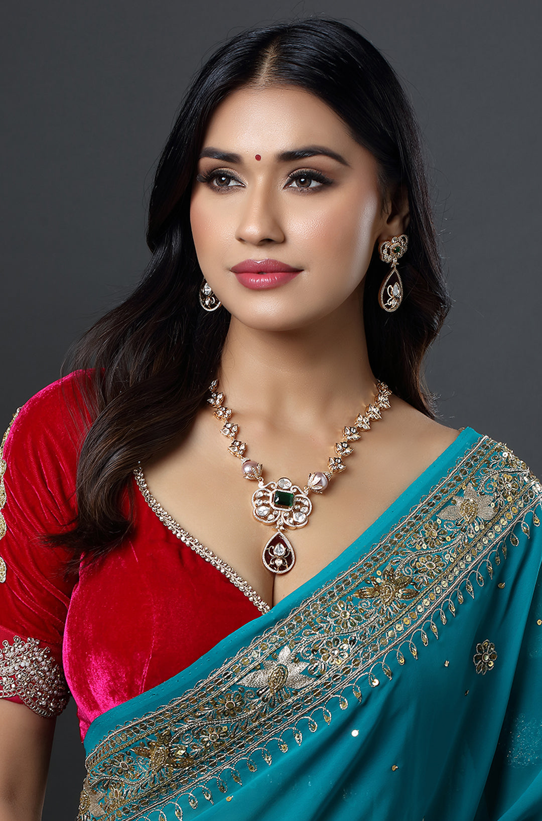 Rose Gold Finish Royal Blue Kundan Polki Handmade Pendant Necklace