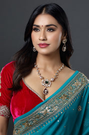 Rose Gold Finish Royal Blue Kundan Polki Handmade Pendant Necklace