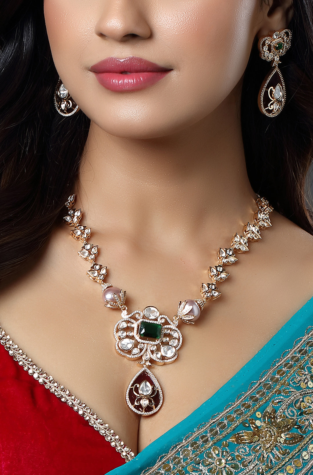 Rose Gold Finish Royal Blue Kundan Polki Handmade Pendant Necklace