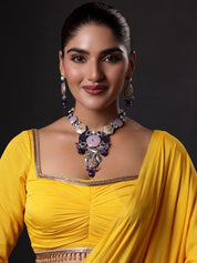 Gold Finish Natural Carved Stone Meenakari Necklace