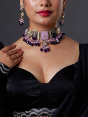 Gold Finish Natural Carved Stone Meenakari Choker Necklace