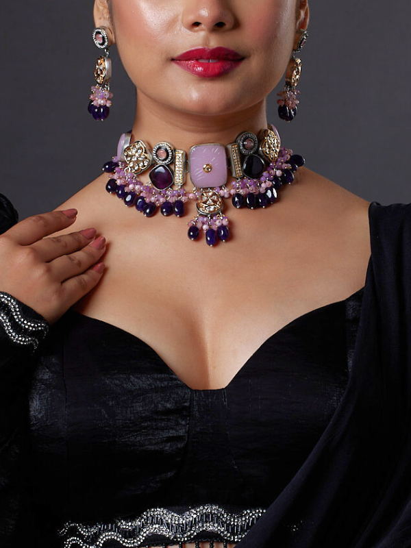 Gold Finish Natural Carved Stone Meenakari Choker Necklace