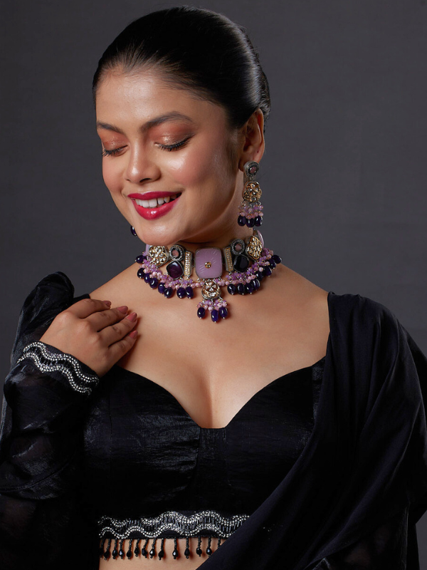 Gold Finish Natural Carved Stone Meenakari Choker Necklace