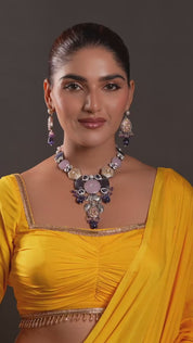 Gold Finish Natural Carved Stone Meenakari Necklace