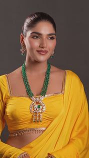Elephant Pendant Gold Finish Emerald Beaded Layered Necklace