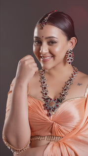 Exquisite Hand Crafted Bridal Red Moonstone Long Necklace with Maang Tika