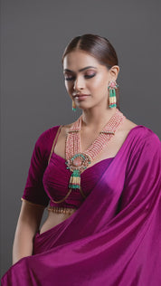 Gold-Plated Pink & Green Polki Designer Beaded Necklace