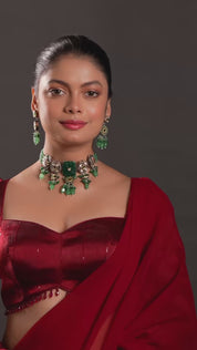 Gold Finish Natural Carved Stone Meenakari Choker Necklace
