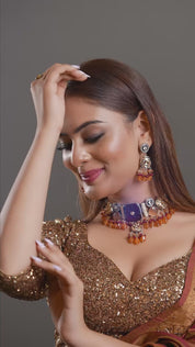 Gold Finish Natural Carved Stone Meenakari Choker Necklace