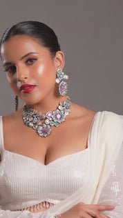 Gold Finish Blue & Pink Stones Baroque Necklace