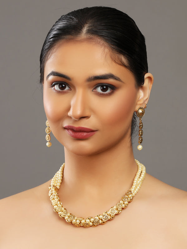 Beaded and Gold Plated Kundan Layered Necklace set