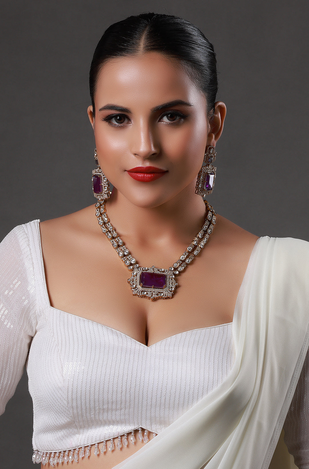 Wine Stone Silver And Gold Kundan Necklace