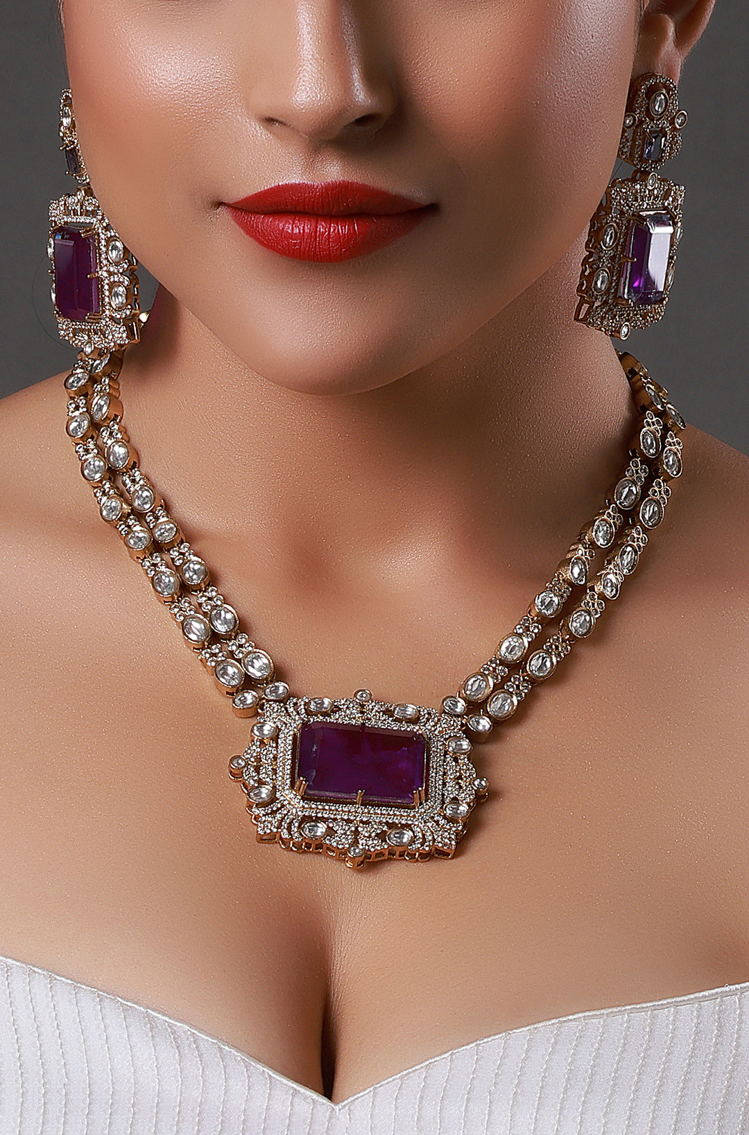 Wine Stone Silver And Gold Kundan Necklace