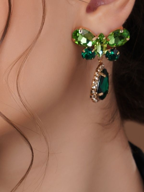 Green Teardrop Shaped Gold-Plated Studs Earrings