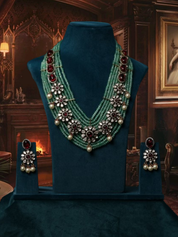 Gold Finish Kundan Polki & Green Agate Beaded Layered Necklace
