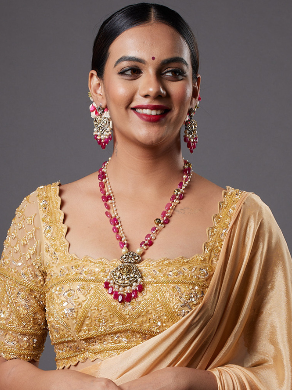 Gold-Plated Emerald & Ruby Pink Crystal Beaded Necklace