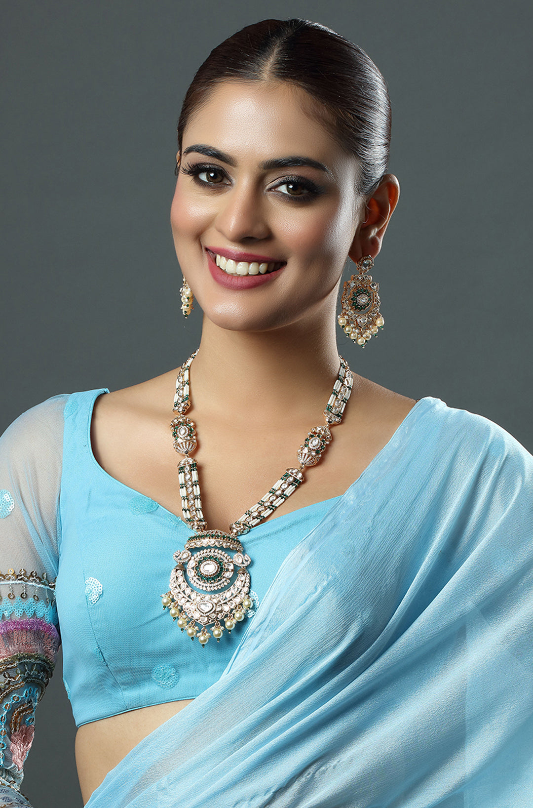 Aqua Meenakari Kundan Long Necklace Set