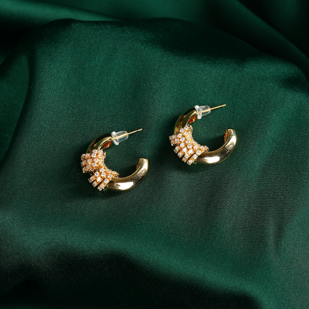 Gold Plated Half Hoop Bali Earrings with Cubic Zirconia