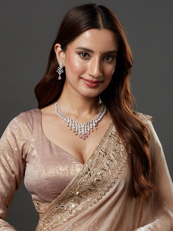 Pink Stone AD Silver Polish Neckline Short Necklace