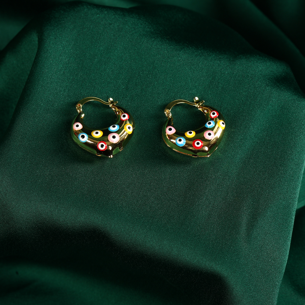 Gold-Plated Anti Tarnish Circular Evil Eye Hoop Earrings